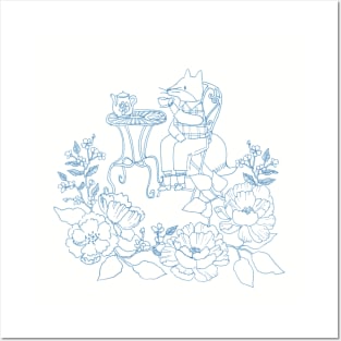 Fox Enjoying Tea Time in a Flower Garden Posters and Art